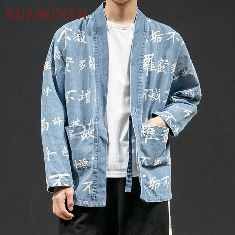KUANGNAN, китайский стиль, кимоно, куртка, пальто, уличная, джинсовая куртка, Мужская, хип-хоп, джинсовая куртка, Мужская, черная, кимоно, кардиган, Весна