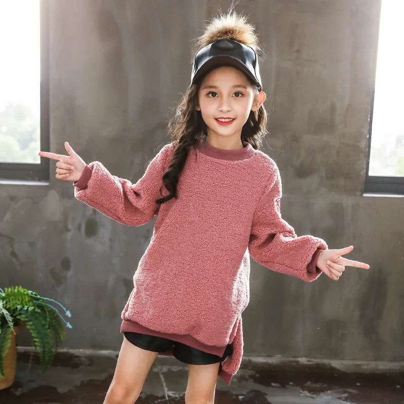 

Girls Clothes 4-14 Y Winter Autumn Hoodless Long Sleeve Hoodies Girls Letters Thick Warm Fleece Mid-long Loose Fit Plush Hoodies