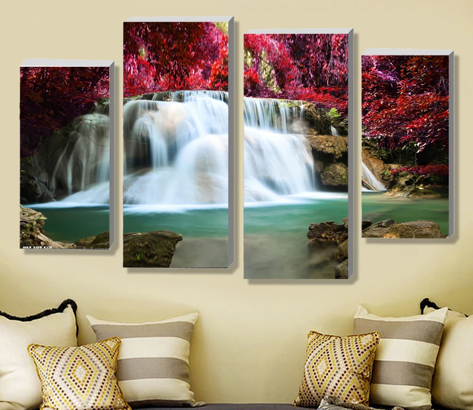 4 Panel Sets Beautiful Waterfall Landscape Painting Flowers Modern Pictures On Canvas Artwork Print Customized Picture A-10-120 | Дом и сад