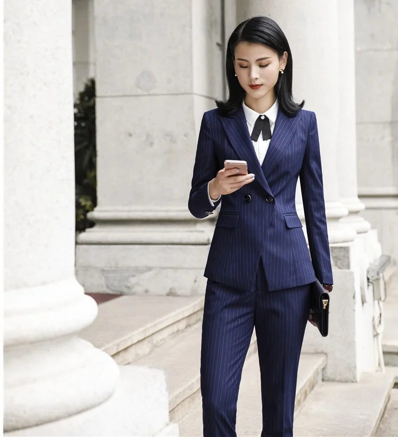 

Fashion Striped 2019 Professional Women Business Suits Pants and Jackets Coat OL Styles Formal Office Work Wear Pants Suits