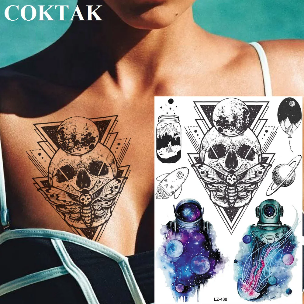 

COKTAK Geometric Triangle Death Skull Temporary Tattoos Sticker Astronaut Planets Fake Tatoos Waterproof Galaxy Body Art Tattoos
