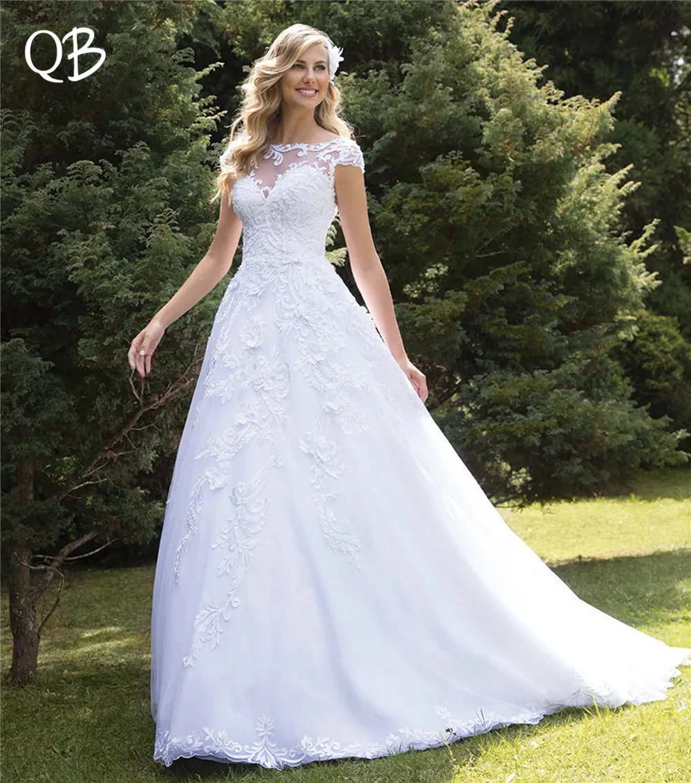 Vestido de Noiva 2019 New Wedding Dresses A-line Cap Sleeve Beaded Lace Tulle Appliques Formal Elegant Bride Gown SF38 | Свадьбы и
