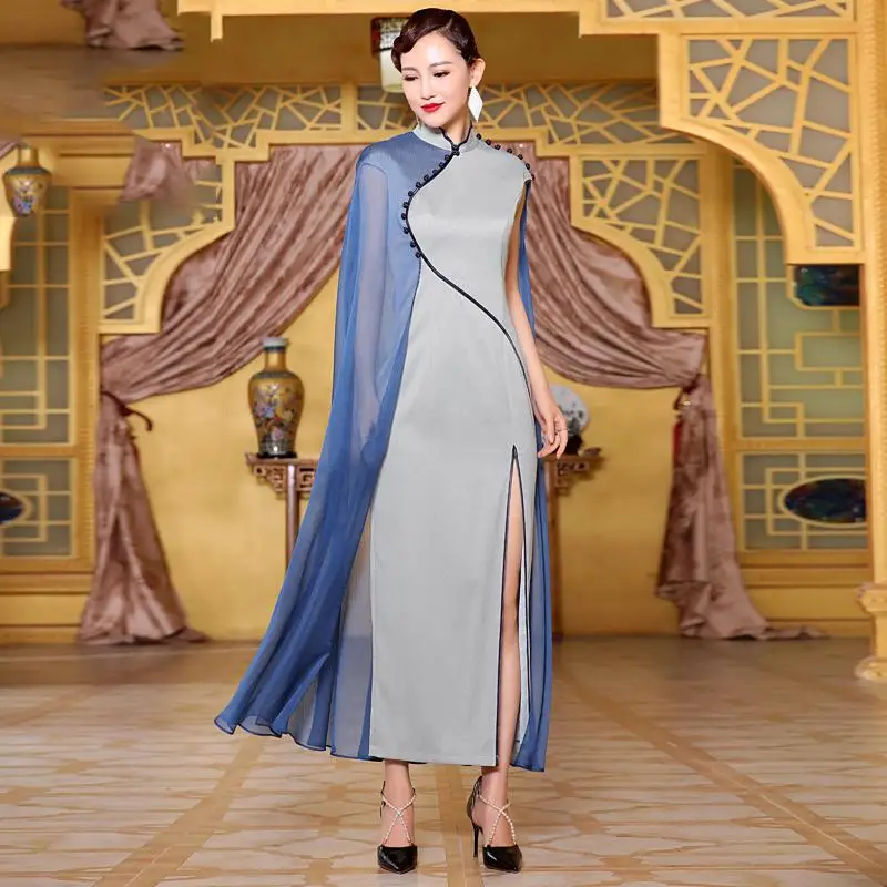 Китайский винтажный китайский воротник Qipao женский высококачественный Чонсам женское вечернее платье длинный тонкий Vestidos Размер s-xxl - Цвет: Серый