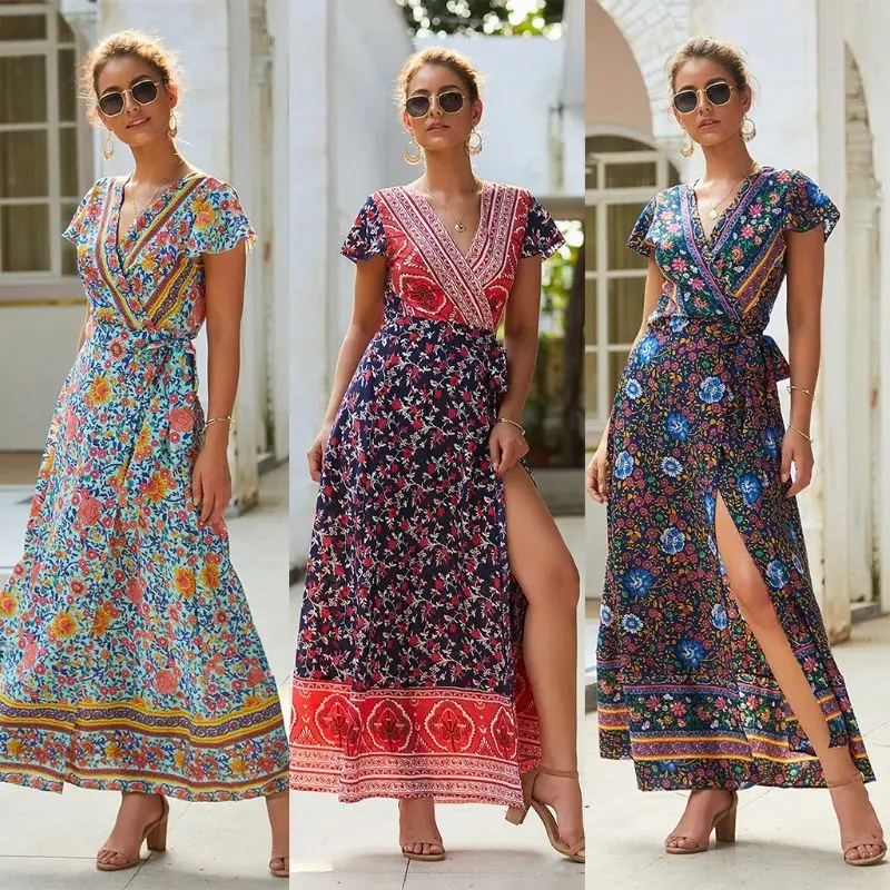 Женское платье с цветочным принтом Boho летнее пляжное треугольным вырезом и