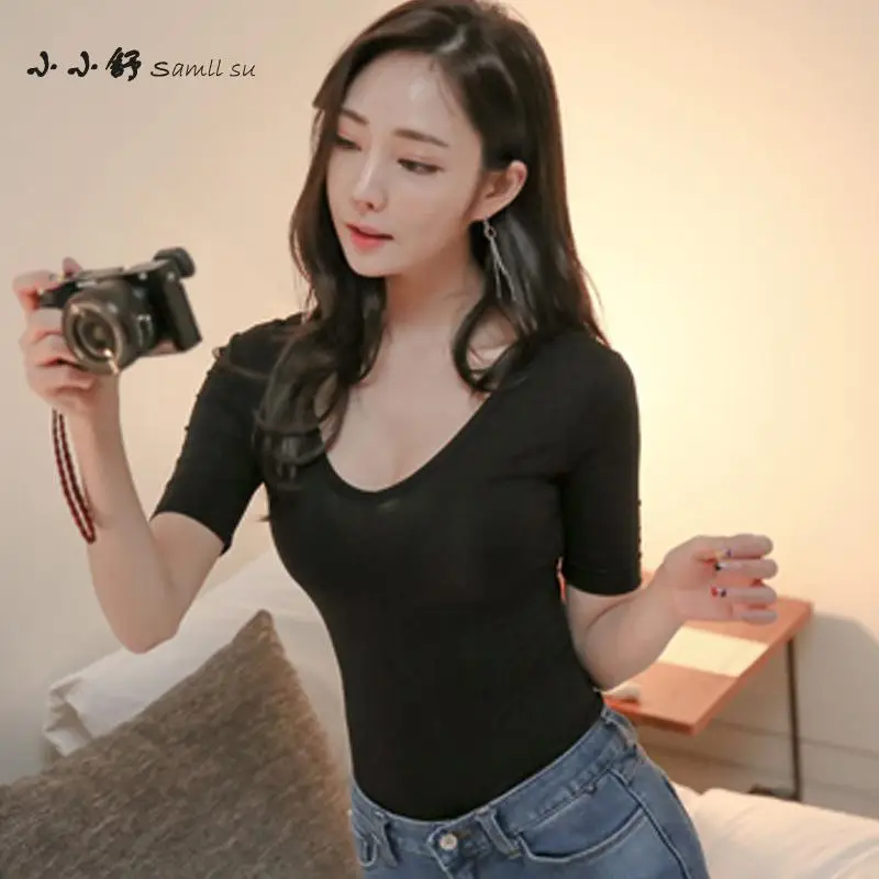 Женская футболка в Корейском стиле черная тянущаяся с длинными рукавами и