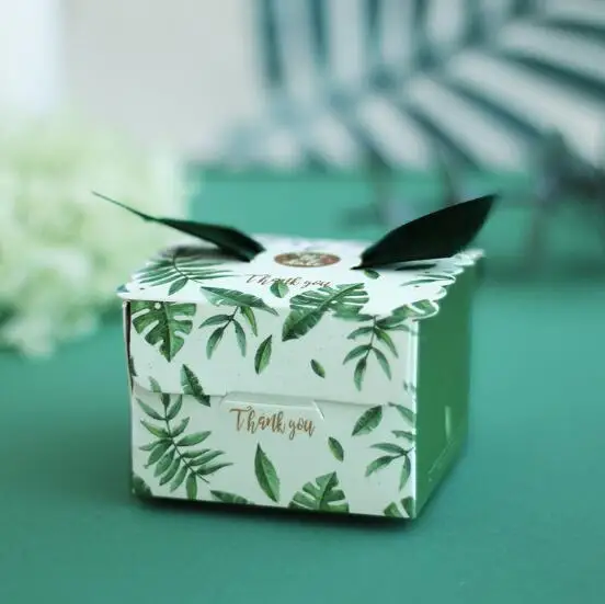 100 шт белый и зеленый Monstera deliciosa листья спасибо Свадебные сувениры коробки конфет giveaways коробка, коробка с шоколадом вечерние подарочные коробки - Цвет: white  green