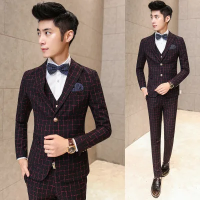 2016 Мужские Костюмы Красный Плед Дизайн Выпускного Вечера Смокинг Костюм для