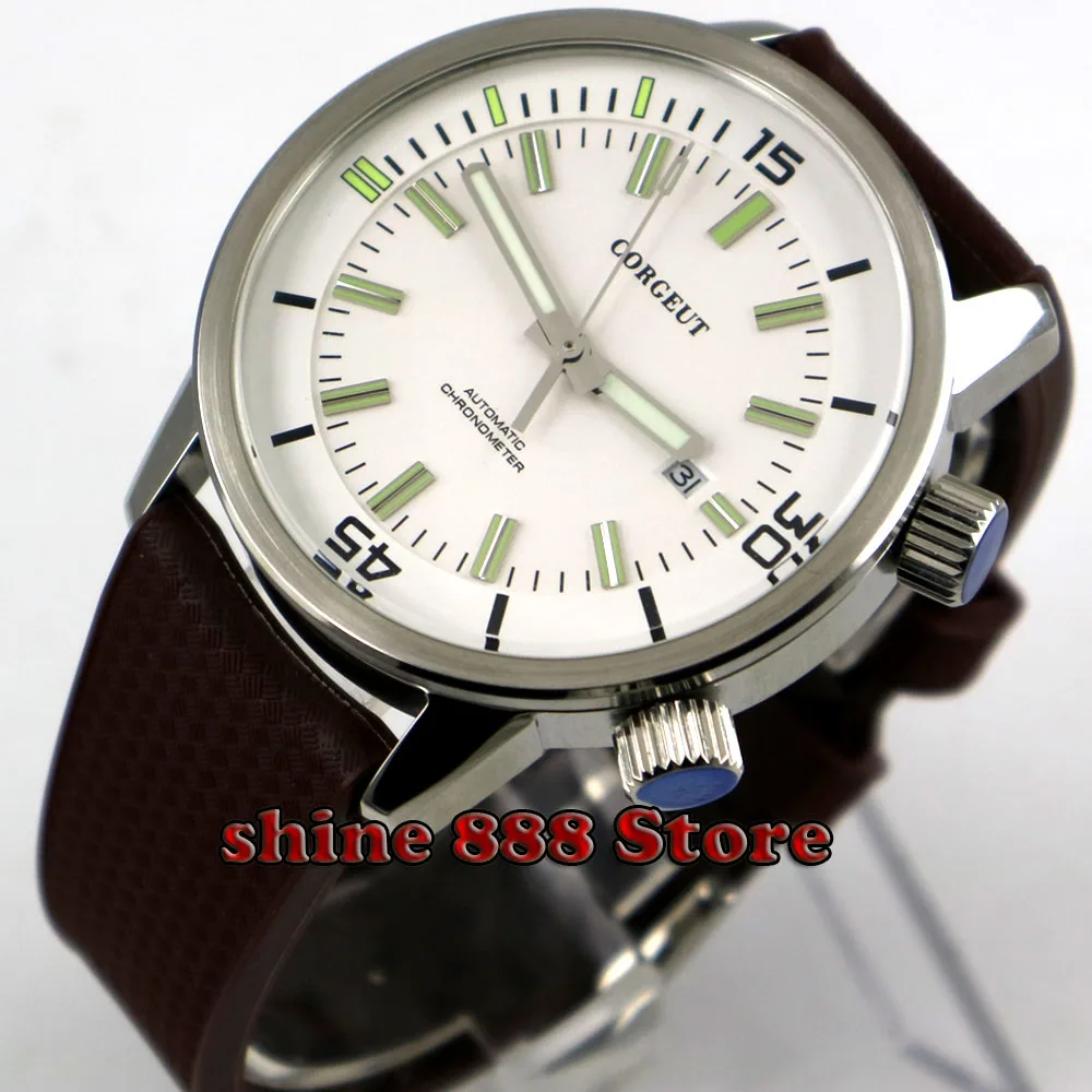 Механические светящиеся часы Corgeut 45 мм мужские с белым циферблатом и резиновым