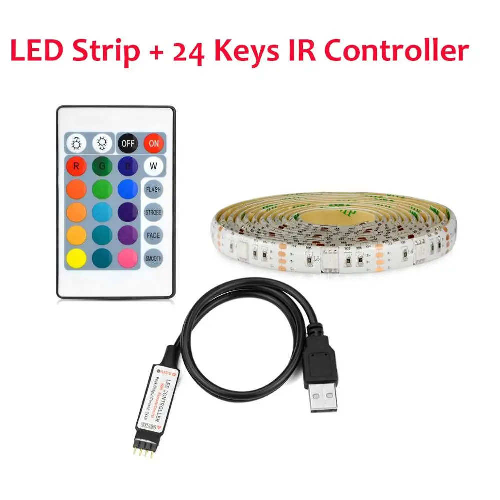 24 Key Controller RGB светодиодный свет полосы 5050 SMD ТВ светодиодный клейкая лента с источником питания от USB 5 В, строка само клеится светодиодный брелок, Рождество, украшение 1 м-5 м - Испускаемый цвет: 24 Key Controller