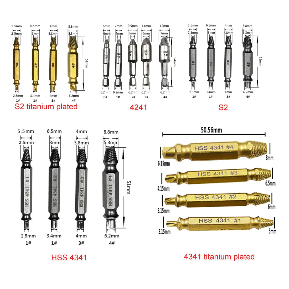 HSS 4341/S2 вне биты болт Скорость направляющая для извлечения Винт Серебряный Бур сплав Сталь сломанной золото жидкость для снятия Сталь поврежденные 4 шт./компл