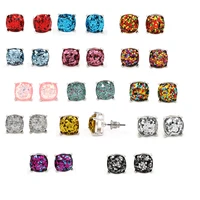 silver plated rainbow shinny square glitter stud earrings various 14 colors cute stud earrings for women