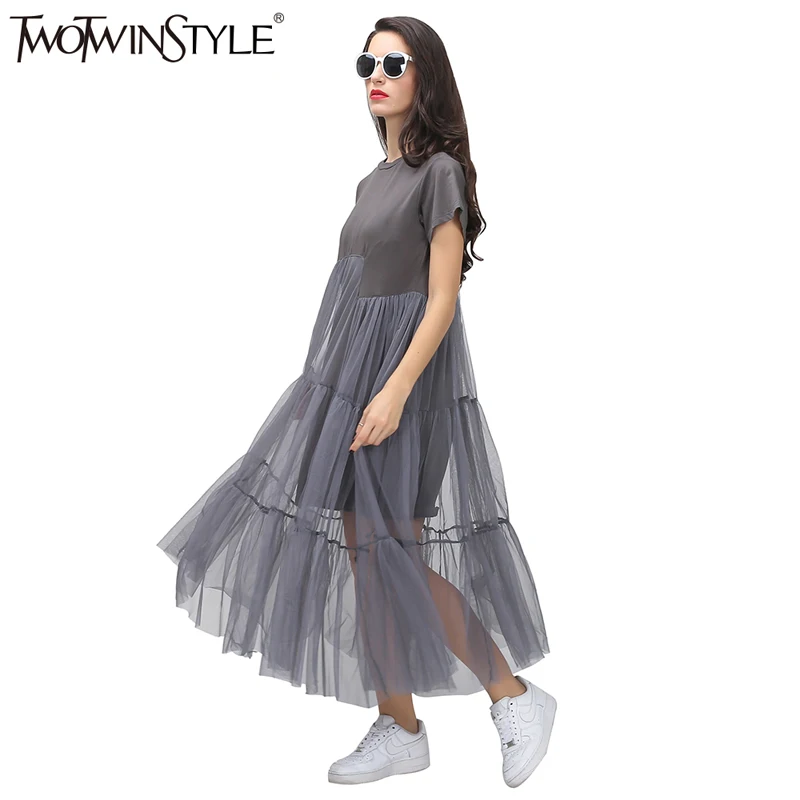 Женское платье футболка TWOTWINSTYLE летнее Черное и серое плиссированное из фатина