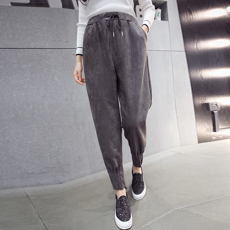 Осень-зима 2018 теплые женские замшевые брюки эластичные шаровары с высокой талией