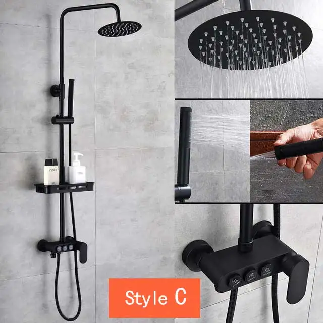 Style C Матовый черный дождевой смеситель для душа, однорычажный смеситель для ванны, смеситель для душа с полкой для хранения, смеситель для душа, кран для горячей и холодной воды - Цвет: Style C