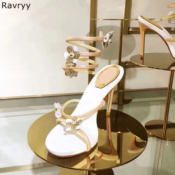 

Crystal Shoes Summer bling bling pearl flowers decor female wedding party dress shoes Woman sandals Sexy Pumps thin heel design
