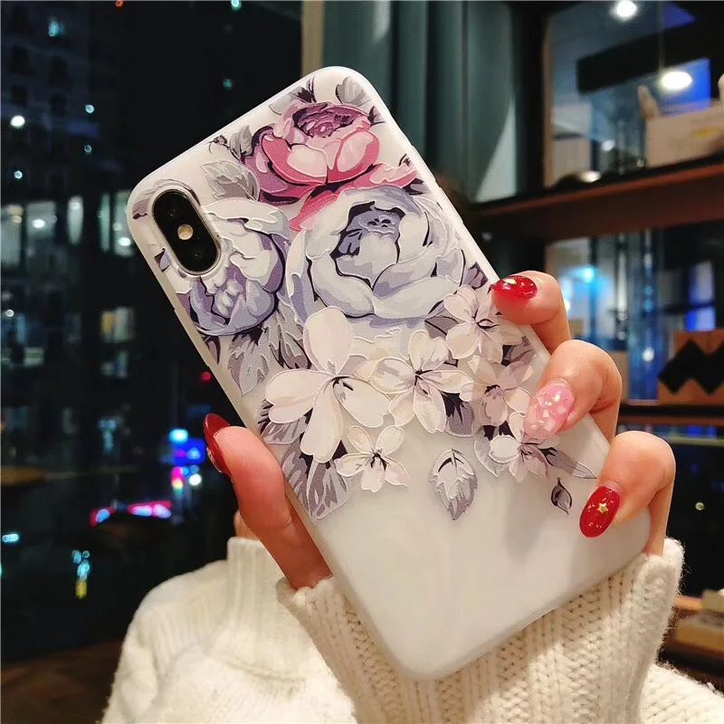 KISSCASE Мягкий силиконовый чехол для iPhone 7 8 X XS XR 3D рельефный с цветами Apple Plus
