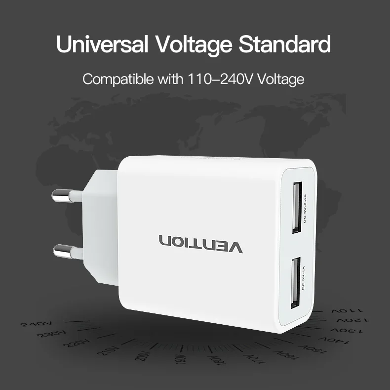Быстрое зарядное устройство Vention 3,0, 2 порта, USB зарядное устройство, 3 А, штепсельная вилка европейского стандарта, белое зарядное устройство для мобильных телефонов XiaoMi, htc, Google, QC3.0, быстрое настенное зарядное устройство