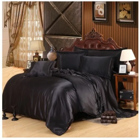 Шелковый атласный комплект постельного белья Cal King size queen полностью черные