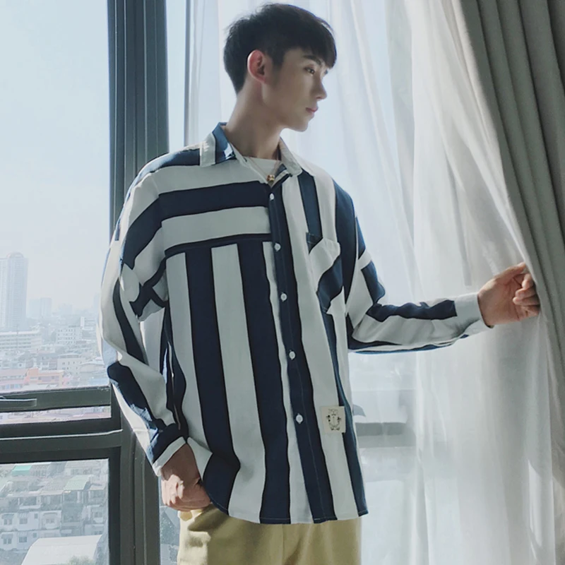 Мужские повседневные рубашки в полоску с длинным рукавом Корейском стиле 5xl