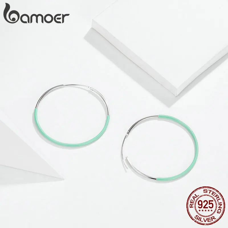 Bamoer, большие круглые серьги-кольца для женщин, 925 пробы, серебряные, синие, эмалированные серьги-обручи, женская мода, Bijoux, 50 мм, BSE141