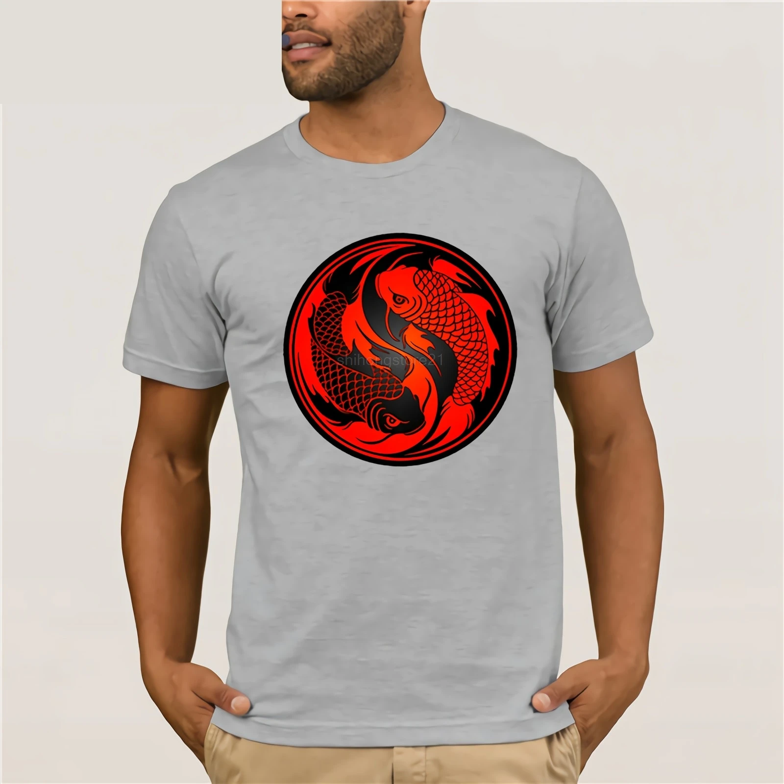 Японский стиль koi Карп рыбка Инь Ян футболки для мужчин хлопок Футболка Мужская