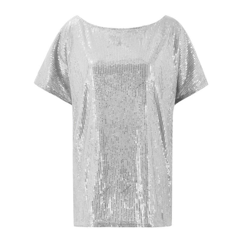 Сексуальная футболка с блестками Женская свободная открытыми плечами и коротким