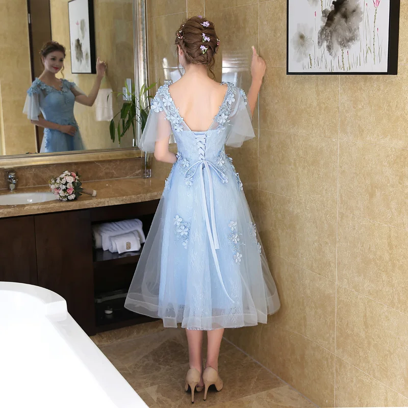 Robe de soiree,, светло-голубое, длиной до середины икры, тонкое, ТРАПЕЦИЕВИДНОЕ вечернее платье, вечернее платье, vestido de festa, платья для выпускного вечера, 3 цвета