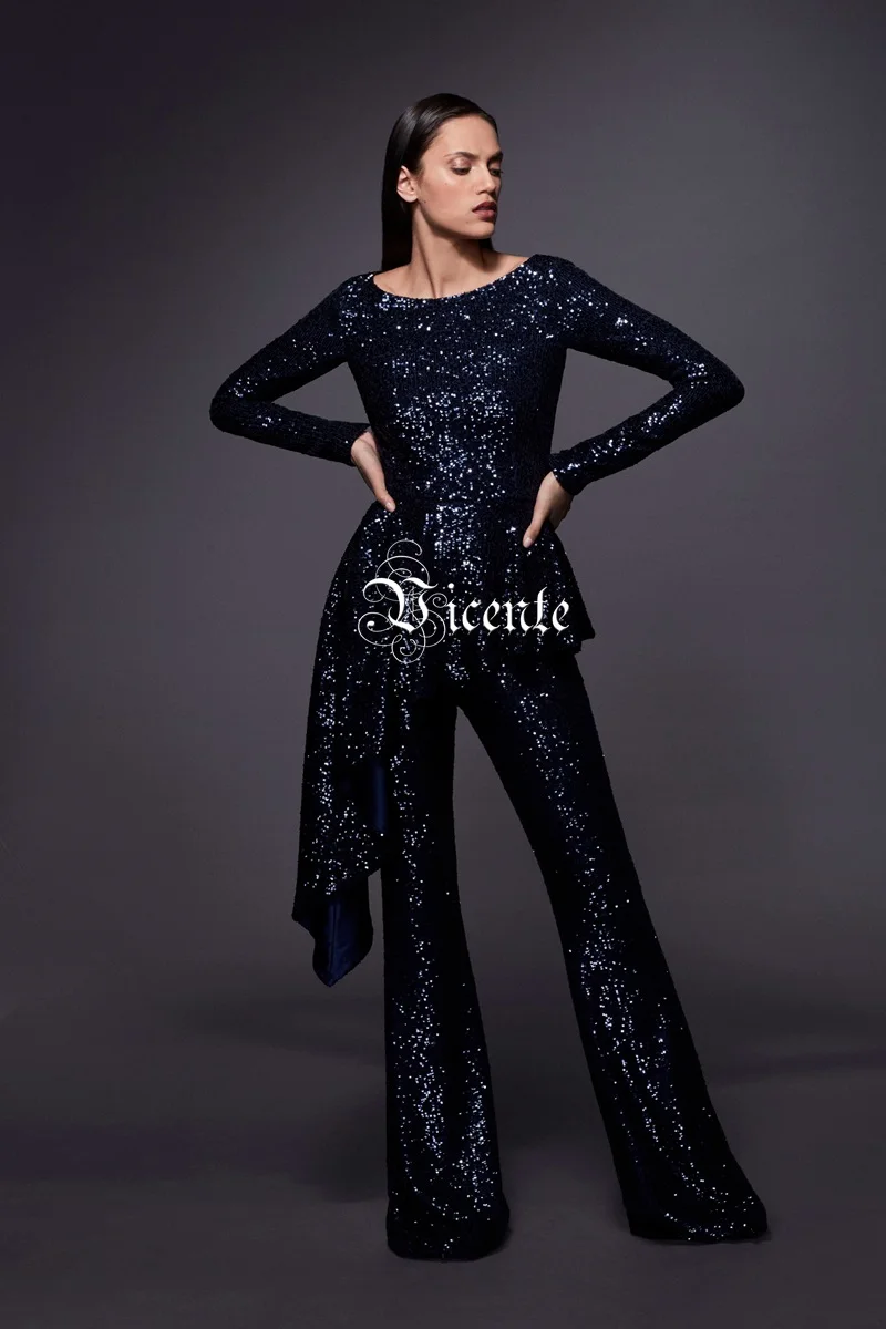 Новинка, модный шикарный элегантный комбинезон с блестками и оборками, украшенный длинными рукавами, вечерние комбинезоны знаменитостей VC