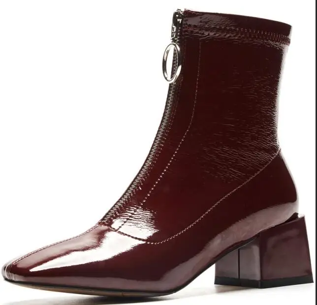 wine red Vangull ins/популярные женские ботильоны; модные эластичные лакированные полусапожки ручной работы с квадратным каблуком; Ботинки martin на платформе с молнией спереди - Цвет: wine red