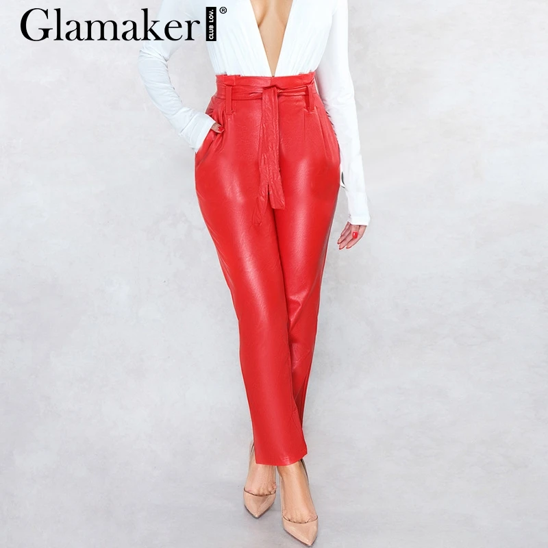 Glamaker, сексуальные свободные кожаные штаны-шаровары, для женщин, уличная одежда, высокая талия, вечерние штаны, весна-лето, модный пояс, длинные штаны
