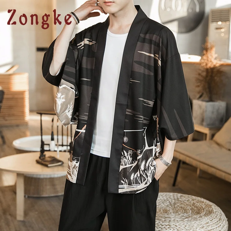 Zongke Fox Moonlight черное кимоно для мужчин японское кимоно кардиган Harajuku кимоно рубашка Мужская Уличная Мужская гавайская рубашка 5XL