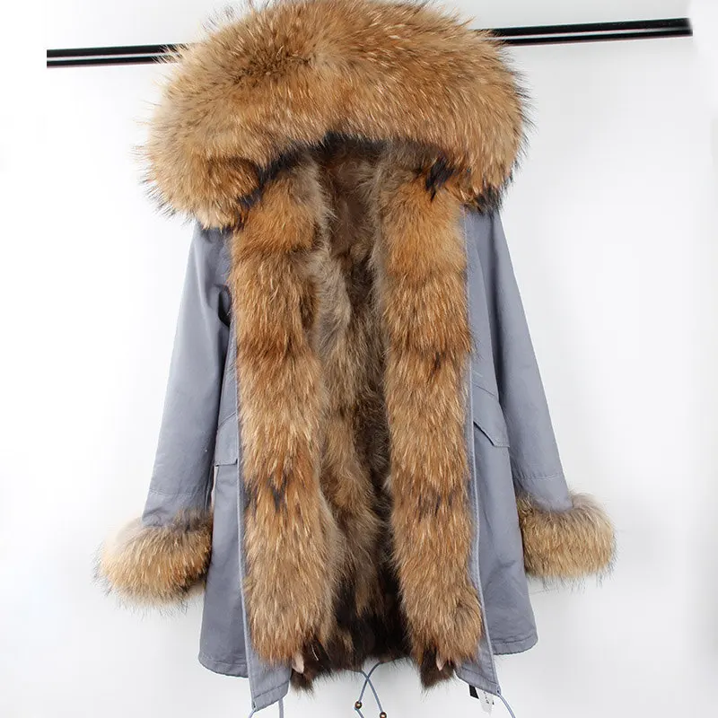 grey nature fur S Брендовая зимняя женская куртка, длинная шуба из натурального Лисьего меха, женские теплые меховые куртки, воротник из натурального меха енота, парка с подкладкой из натурального меха - Цвет: grey nature fur S