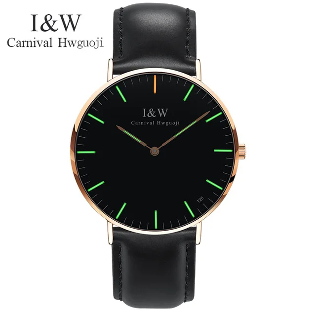 Black Rosegold Green Мужские Роскошные карнавал I& W синий Тритий Светящиеся кварцевые часы мужские ультратонкие водонепроницаемые наручные часы мужские кожаные часы Relogios - Цвет: Black Rosegold Green