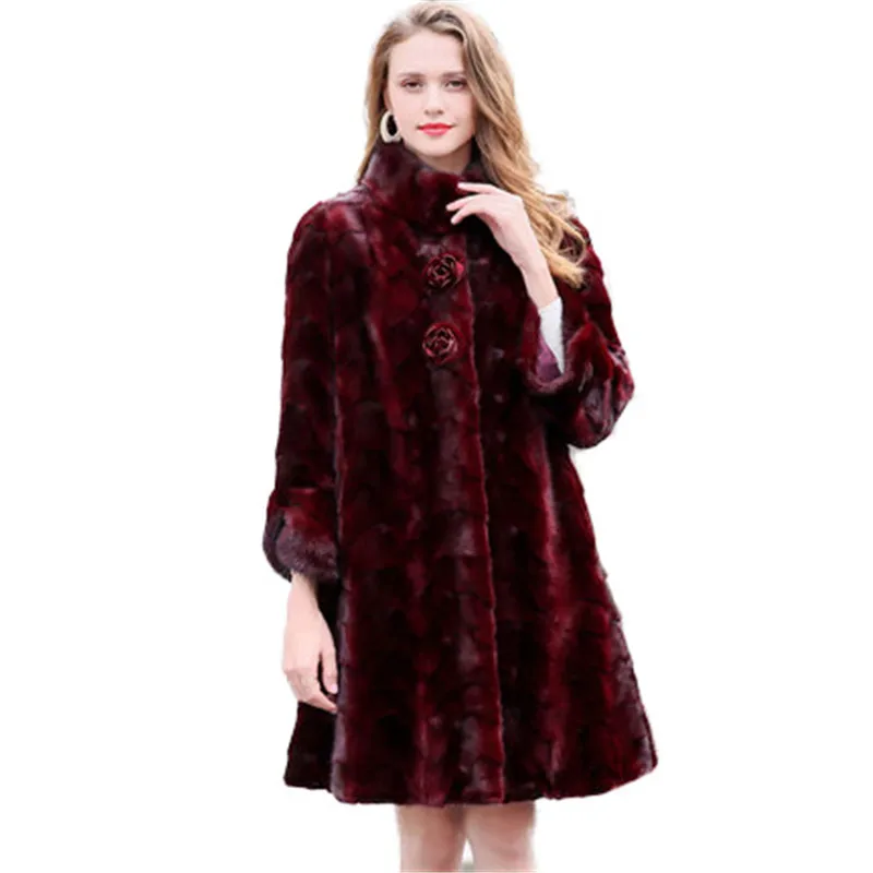 Wine red Новинка, зимняя норковая шуба, шуба, замшевое Женское пальто, длинный воротник, большой размер, женское Норковое шуба 565 - Color: Wine red
