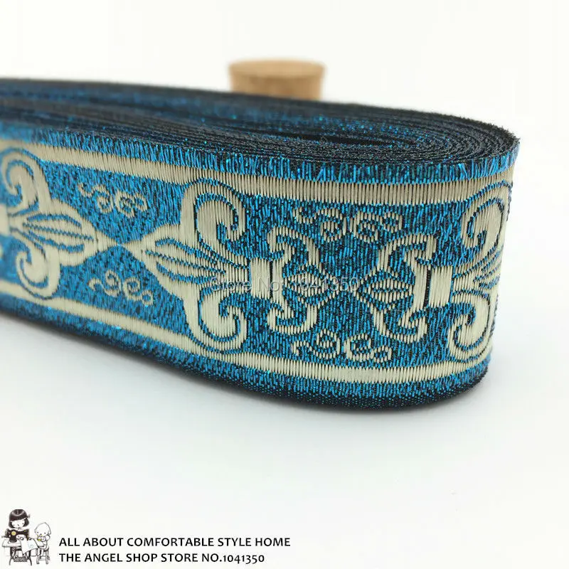 

33mm 10yards handmade accessories national style embroidery lace ruban glitter blue base beige boat anchor woven jacquard ribbon