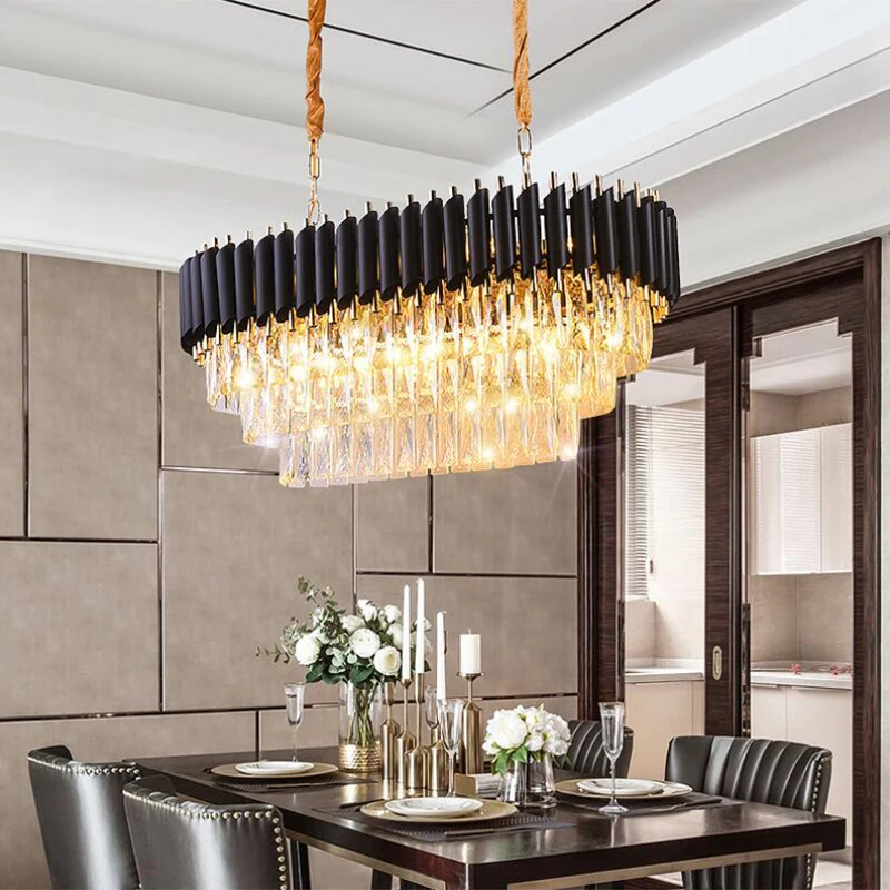 

jmmxiuz Modern Kitchen Island Crystal Chandelier For Luxury Dining Room Crystal Chandeliers Hanging LED Lighting Black