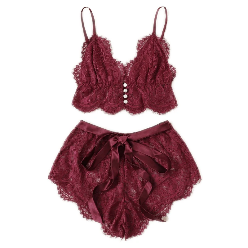 SHEIN Модная Пижама Цветочный Кружевной Комплект Женский Летний Бордовый Сексуальный Короткий Топ И Шорты Комплект Пижамы