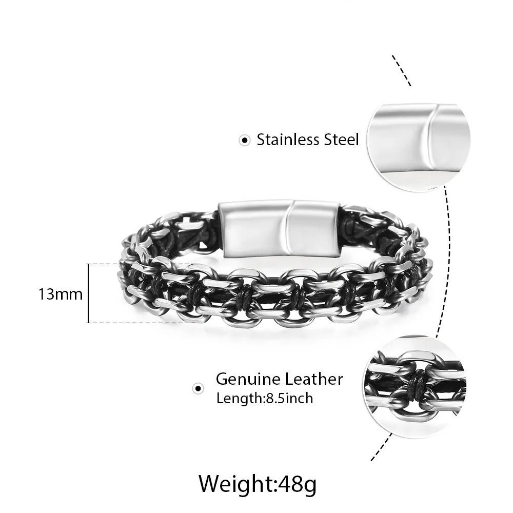 New Design Mens Double Layer Braided Leather Bracelet Cable Link Chains Stainless Steel Bangles Fashion Gifts DLB158