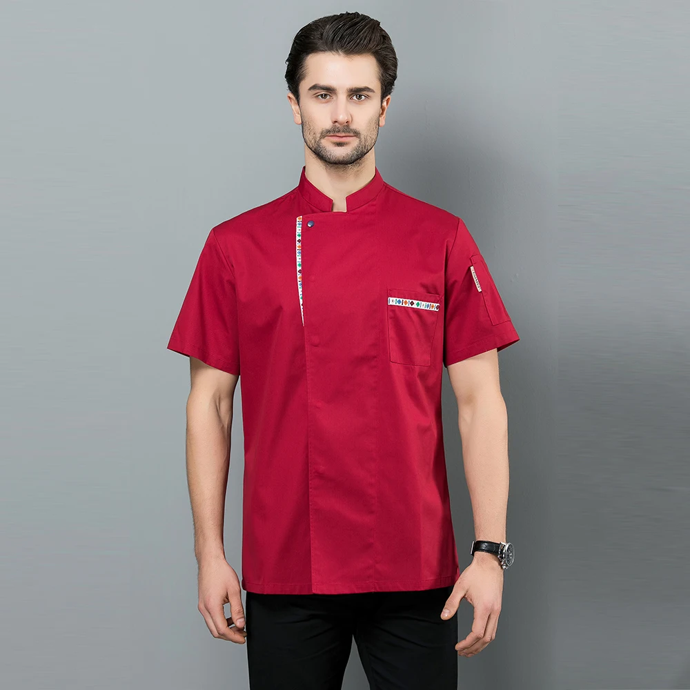 Men red Высокое качество повара одежда повара пекарня костюмы Парикмахерская Кафе Кухня Ресторан Униформа рубашки летние дышащие топы - Цвет: Men red