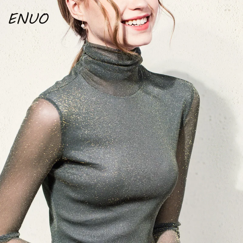 Женский топ из яркого шелка весна осень 2019 рубашка с высоким воротом и длинным