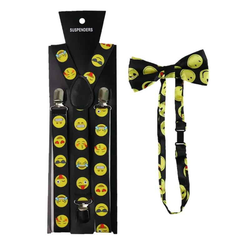 

Fashion Yellow Smile Face Suspenders Bowtie Tie Set Clip-on Y-Shape Back Women Men Elastic Shirt Stays Suspenders Suspensorio