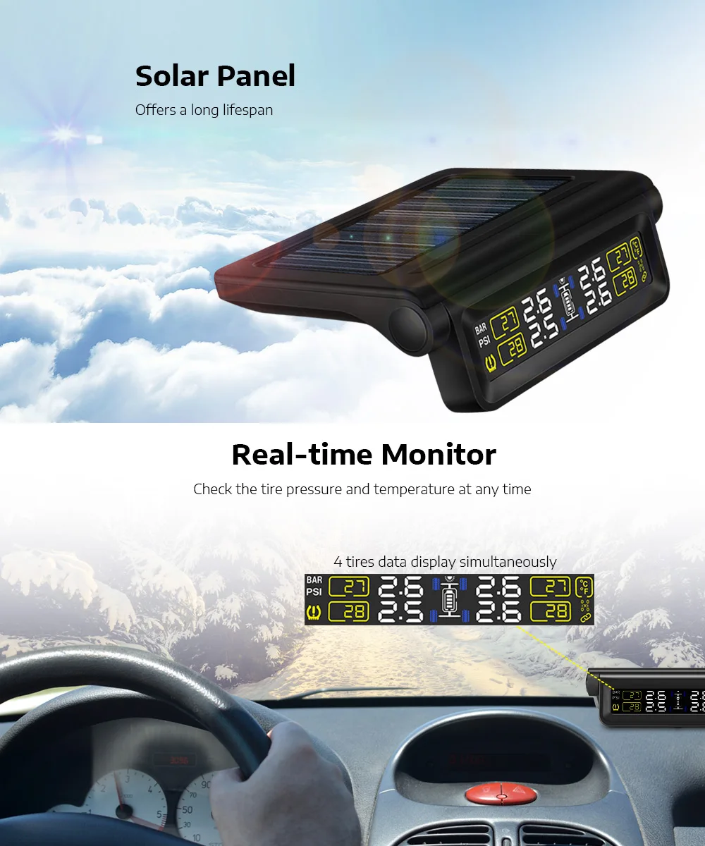 Солнечный автомобиль TPMS беспроводной шины давление мониторинга системы 4