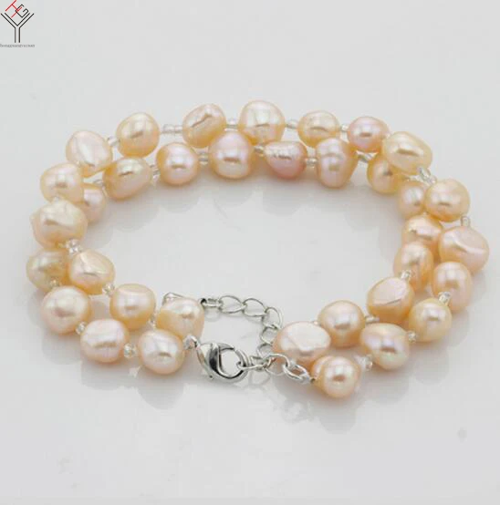 

Wedding Woman 2 Rows Bracelet 7-8mm pink Flat Pearl bracelet Natural Freshwater Pearl 2 Strands Bracelet
