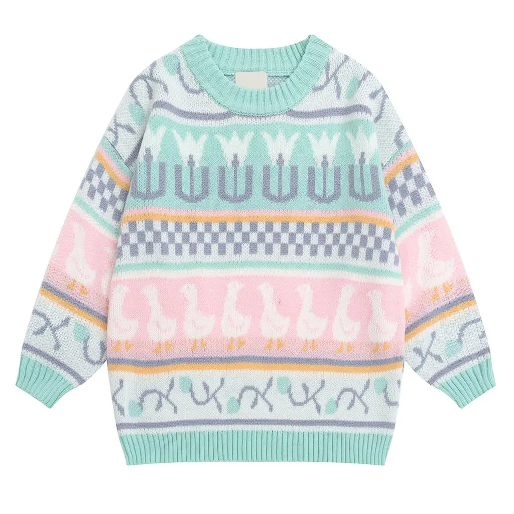 Autumn Winter Japanese Vintage Ladies Pullover Sweater Long Sleeve Loose Knit Multicolor Cartoon Jacquard Preppy Style | Женская одежда