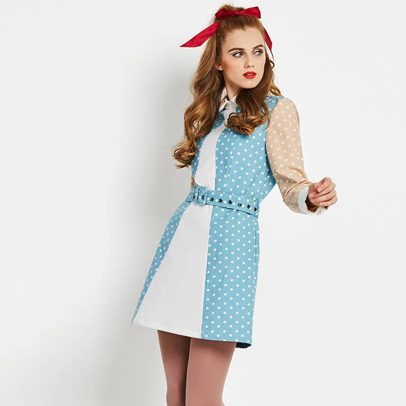 Sisjuly patchwork belt vintage dress mini a line office casual elegant female polka dot print retro party | Женская одежда
