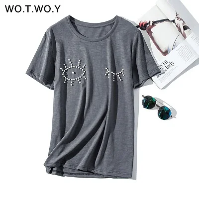 T19013Gray WOTWOY летняя серая жемчужная хлопчатобумажная женская футболка с забавной графикой, свободный женский топ с круглым вырезом, повседневные женские футболки с коротким рукавом - Цвет: T19013Gray