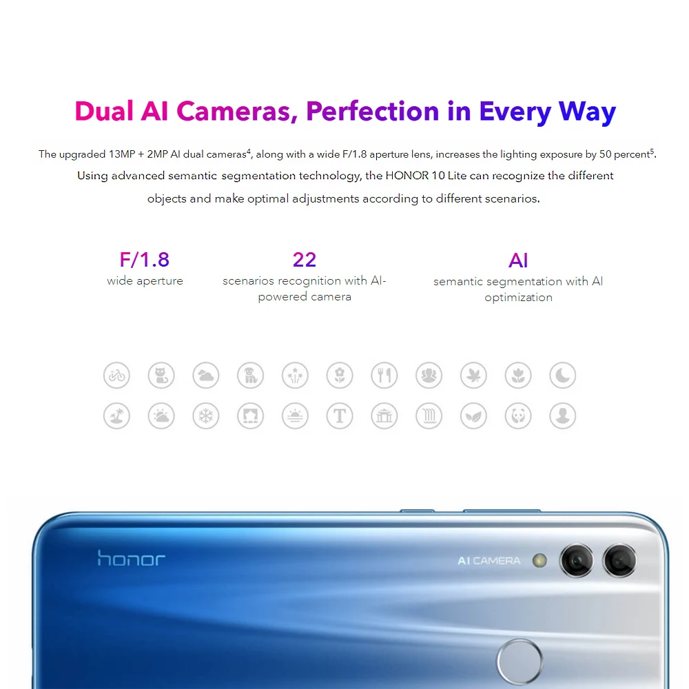 Глобальная версия Honor 10 Lite 6,21 ''FHD 3 ГБ 32 ГБ/64 ГБ 24 Мп+ 13 Мп Android 9,0 Восьмиядерный 3400 мАч сканер отпечатков пальцев