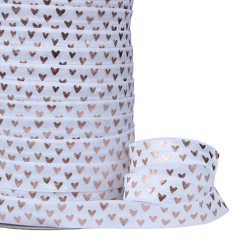 

5/8" 15MM Heart Patterns Rose Foil Printing Fold Over Elastic FOE for Hair Ties