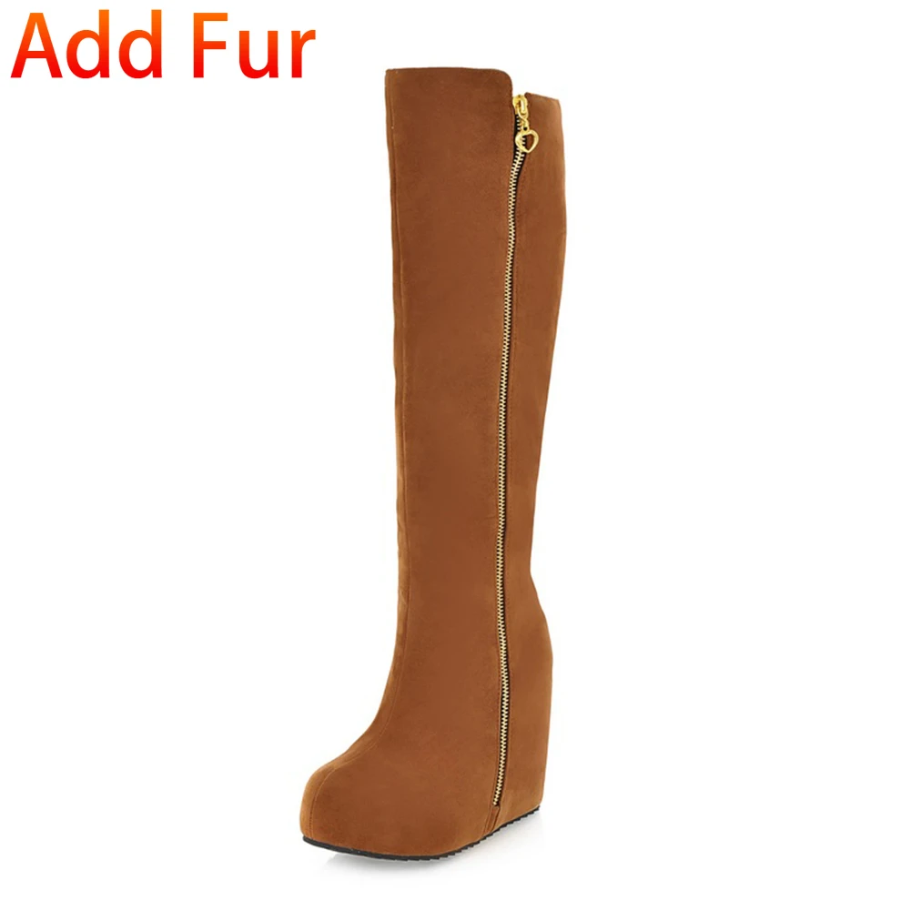 yellow add fur 1 KARINLUNA/новые женские туфли на танкетке, на высоком каблуке, на молнии, однотонные, с круглым носком, на платформе, женские повседневные зимние сапоги до колена Большие размеры 32-43 - Цвет: yellow add fur 1