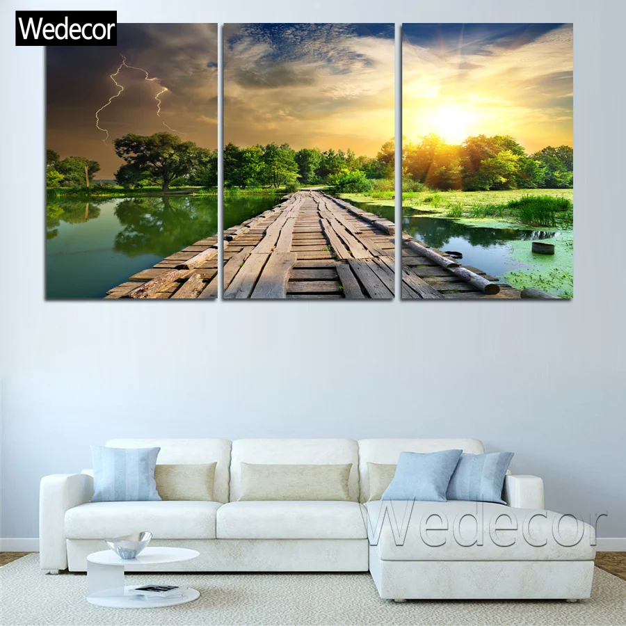 5 Pieces HD Wooden bridge Pier to the Lake Sunset Prints 4 Poster Wall Art 3 Canvas Painting For Living Room W319-7 | Дом и сад